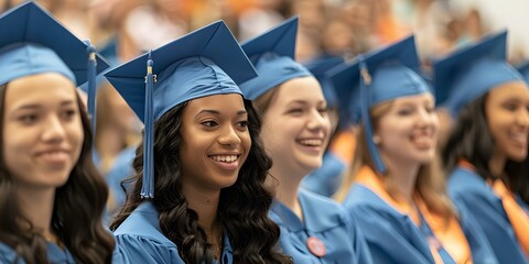 Colorful Graduation Celebration: Happy Graduates in Blue Caps and Gowns. Concept Graduation Photoshoot, Blue Caps and Gowns, Colorful Setting, Smiling Graduates, Joyful Celebrations