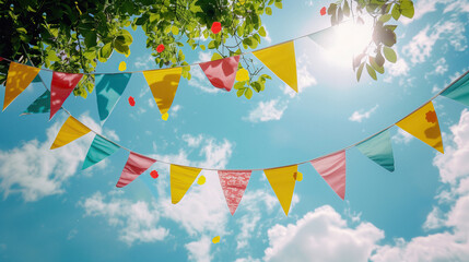 Multi-colored holiday fair. Flags hang against the blue sky.