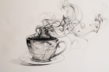 Line drawing of a steaming cup of coffee