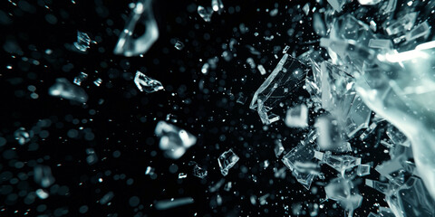 dramatic background texture featuring shattered glass with fragments and bits of shards exploding in the air. Black background contrasting with the broken class pieces. Motion and bokeh blur effect.