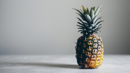 A pineapple on a table with the top cut off, AI