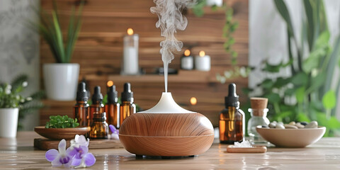 essential oil diffuser surrounded by bottles of herbal oils, illustrating the connection between aro