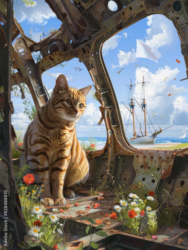 A cat sitting inside the rusted, overgrown remains of an aircraft ...