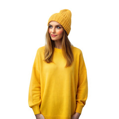 Wall Mural - woman wear a Yellow oversize sweater  long down sleeves and hat isolated on white background