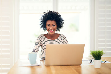 Poster - African woman, smile and portrait with coffee, laptop and notebook in apartment for planning and email. Happy, face and online course for learning, reading and social media for and work from home