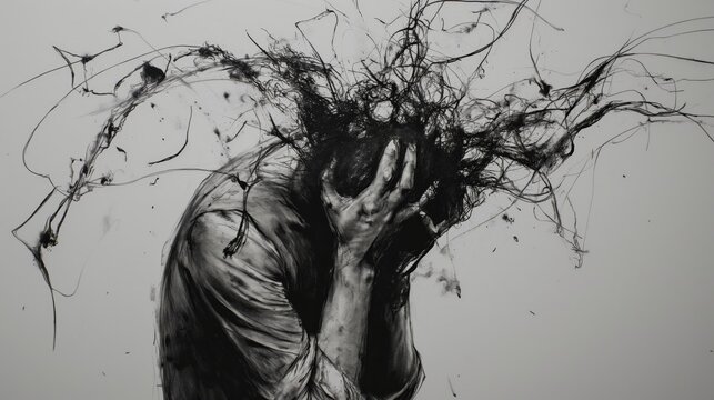 A man is depicted with his head in his hands, looking down. Concept of sadness and despair