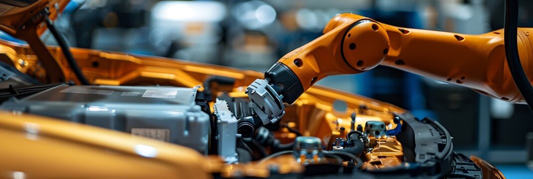 A robotic arm installing a high-tech battery into an electric vehicle, highlighting the focus on sustainable energy