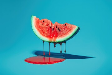 Wall Mural - Dripping Watermelon Slice on Blue Background