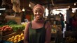 © ORG - Fruit and vegetable shop owner, happy woman holding vegetables near crates in a stall at the market