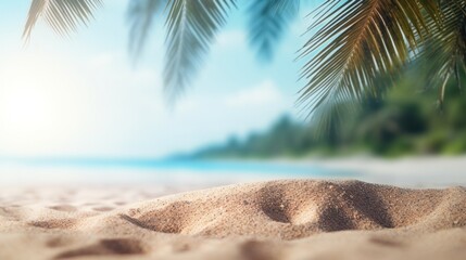 Wall Mural - The sand on the beach has coconut leaves with blurred palms. Tropical beach, summer vacation and travel concept. copy space