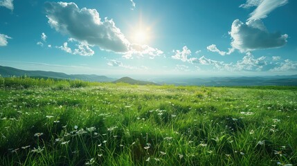 Wall Mural - wallpaper of a realistic landscape of a lush green meadow with a clear blue sky