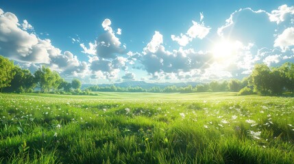 Wall Mural - wallpaper of a realistic landscape of a lush green meadow with a clear blue sky