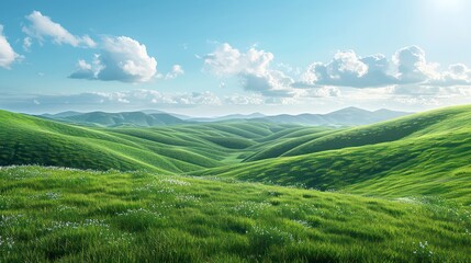 Wall Mural - wallpaper of a realistic landscape of a lush green meadow with a clear blue sky