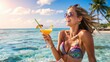 © starush - A woman in a bikini holding up an orange drink, AI