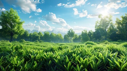 Wall Mural - wallpaper of a realistic landscape of a lush green meadow with a clear blue sky