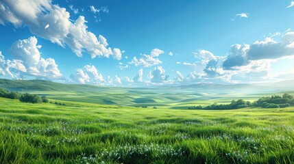 Wall Mural - wallpaper of a realistic landscape of a lush green meadow with a clear blue sky