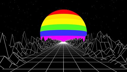 Wall Mural - 3d abstract black and white retroway. Retro 80s 90s retrowave landscape topographic. Neon LGBT Pride rainboow sun sunset. Sci-fi y2k futuristic and space sky glowing stars. Animation loop 30fps	