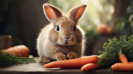Wall Mural - Compose a scene where a fluffy bunny nibbles on a carrot