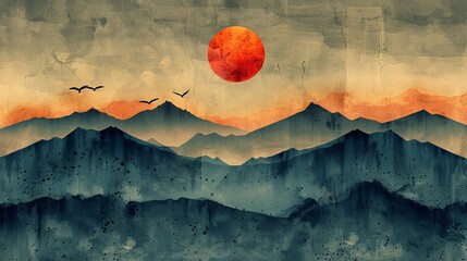 Wall Mural - Modern background of grunge noise hills with line art pattern, sun, bird, halftone. Background for prints, wall art, covers, and interiors.