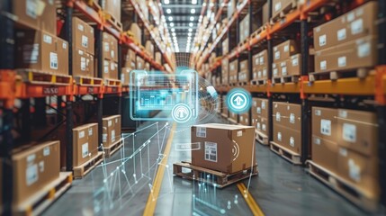 Smart warehouse management system using augmented reality technology to identify package picking and delivery . Future concept of supply chain and logistic business