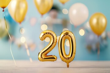 20 number made of two golden floating helium balloons in a festive background