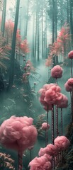 Wall Mural - A forest with pink flowers and trees