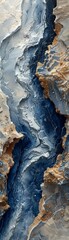 Wall Mural - A blue and gold painting of a river with a rocky shoreline