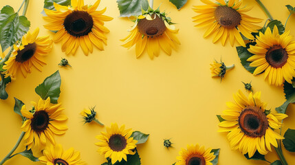 Wall Mural - Beautiful sunflowers on a yellow background