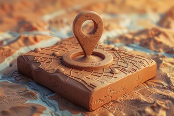 A detailed 3D clay icon of a pin location concept integrated into a map app user interface, featuring intricate textures and lifelike details, ideal for enhancing digital navigation platforms