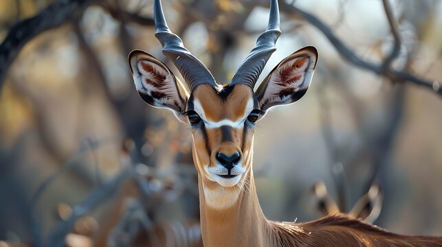 A close-up portrait of an elegant impala with sharp horns and alert expression in a natural environment