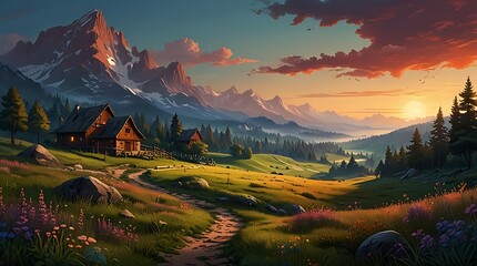 Wall Mural -  beautiful landscape with mountains in the distance, a river