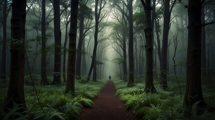 Wall Mural - shows a path through a dark and gloomy forest.