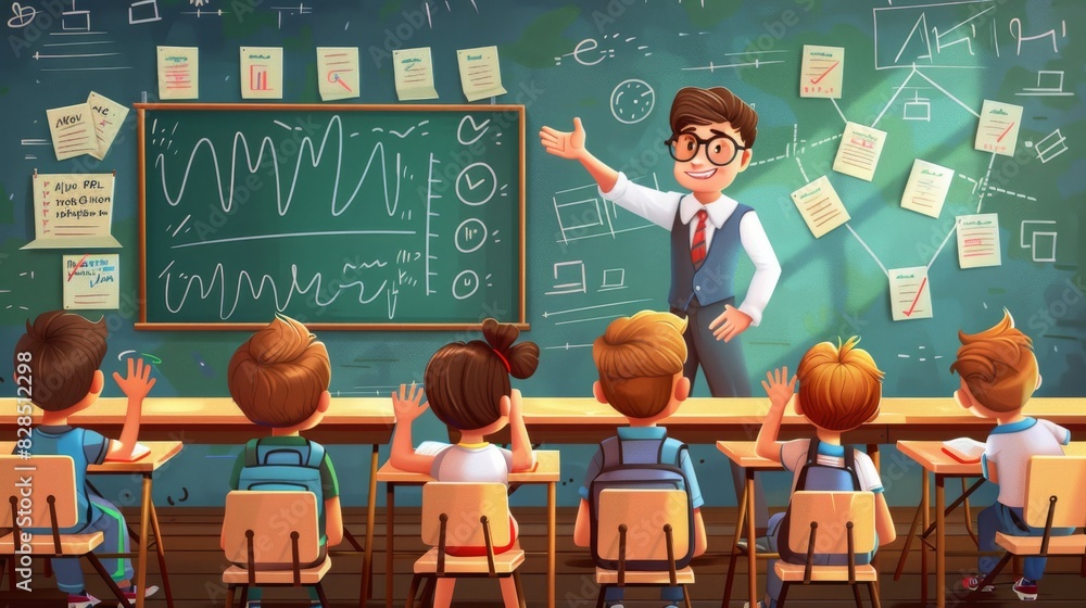 A classroom scene with students sitting at desks, raising hands, and a ...