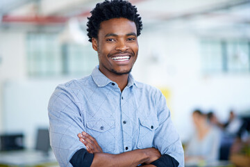 Wall Mural - Confidence, creative and portrait of black man in office with smile, trust and project manager at agency. About us, design and happy businessman with opportunity, arms crossed and pride at startup