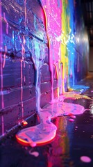 Wall Mural - A wall covered in neon paint with a rainbow of colors