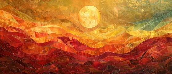 Wall Mural - A painting of a sunset with a large sun in the sky