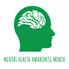 Vector May Mental Health Awareness Month icon with a green profile of human male head and brain icon