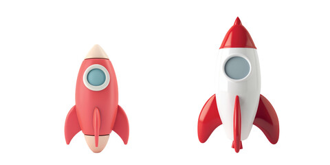 red and white toy rockets isolated on a transparent background. 3D illustration of space exploration and adventure concept. Cute and colorful design for children's toys and educational materials