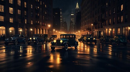 Wall Mural - night scene of a city street with cars driving in both directions.