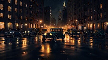 Canvas Print - night scene of a city street with cars driving in both directions.