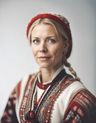 Wall Mural - portrait of Norwegian woman in traditional dress, isolated white background
