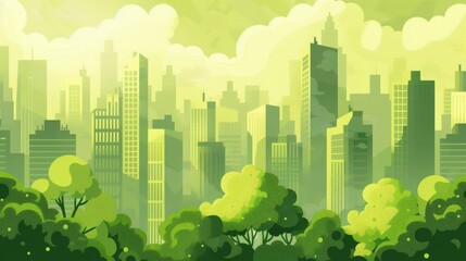 Wall Mural - Light green cityscape background. City buildings and trees at park view. Monochrome urban landscape with clouds in the sky. Modern architectural flat style vector illustration. 