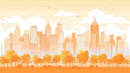 Wall Mural - Light orange cityscape background. City buildings and trees at park view. Monochrome urban landscape with clouds in the sky. Modern architectural flat style vector illustration. 