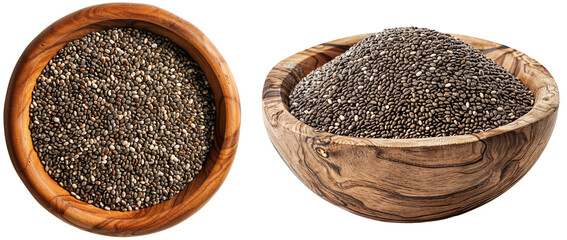 Set of two wooden bowls with chia seeds, side and top view, isolated on a white background