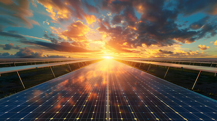 Aerial view of solar panels on a sunset power farm producing clean energy, renewable electricity