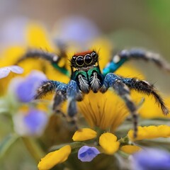 Poster - AI generated illustration of a vibrant spider on a yellow flower