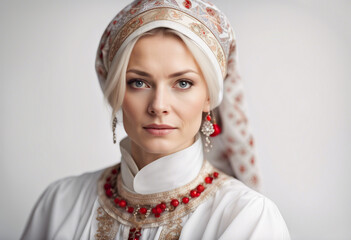 Poster - portrait of Russian woman in traditional clothes, isolated white background
