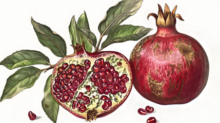 Wall Mural - Pomegranate vintage illustration isolated on white background. Botanical fruit. Engraved pomegranate.