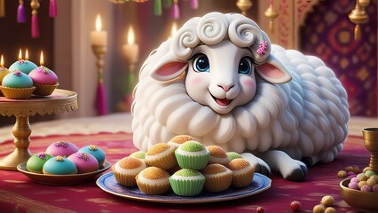 Cute sheep with cupcakes eid celebrations, Eid illustration