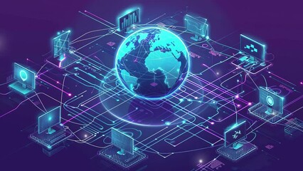 Wall Mural - global connection concept. representation of the globe surrounded by technology icons. global social